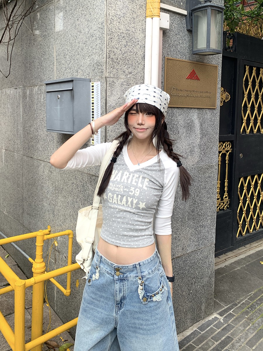 Street Fashion Korean Girl - T-shirt d'été à pois, col en